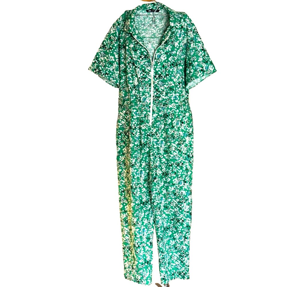 ZARA Womens L Green White Floral Zip Front Pockets Boho Chic  No Belt Jumpsuit
